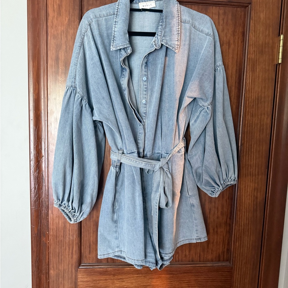 Blue Jumpsuit with Balloon Sleeves and Belted Waist
